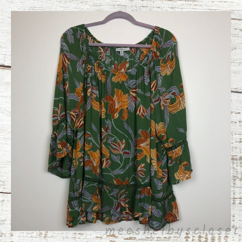 Fever Boho Flowy Green Yellow Printed Blouse Top